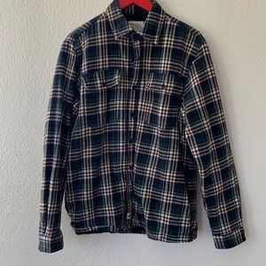 Flannel unisex blue green plaid long sleeve button down shirt M fleece lined